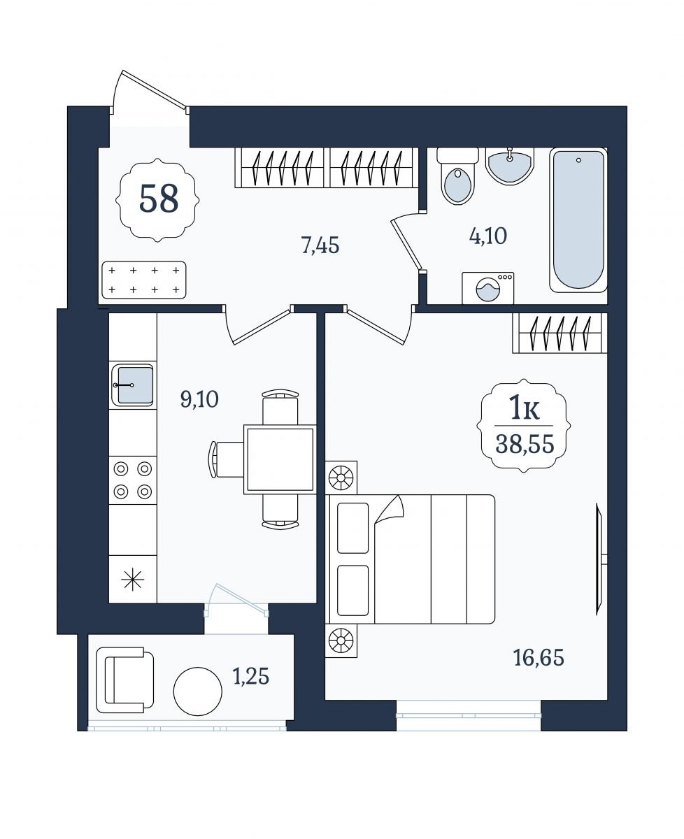 Квартира №58, 1-комнатная, 38.55 м², 6 этаж - планировка, ЖК «Венецианский квартал» Дом 6