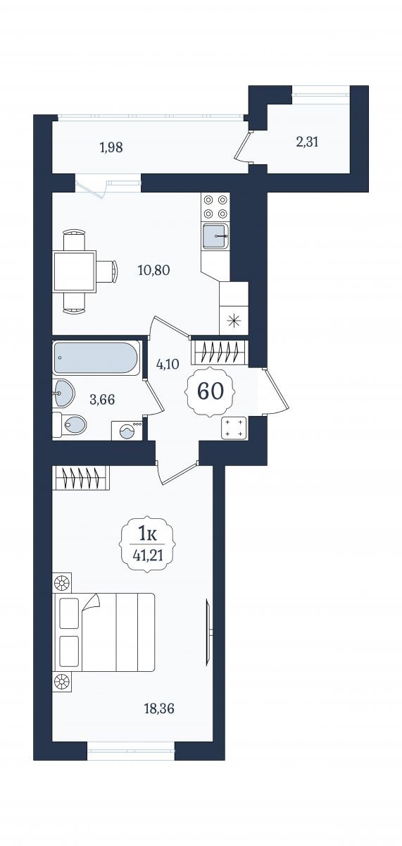 Квартира №60, 1-комнатная, 41.21 м², 6 этаж - планировка, ЖК «Венецианский квартал» Дом 6