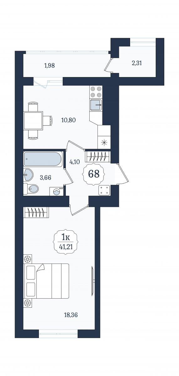 Квартира №68, 1-комнатная, 41.21 м², 8 этаж - планировка, ЖК «Венецианский квартал» Дом 6