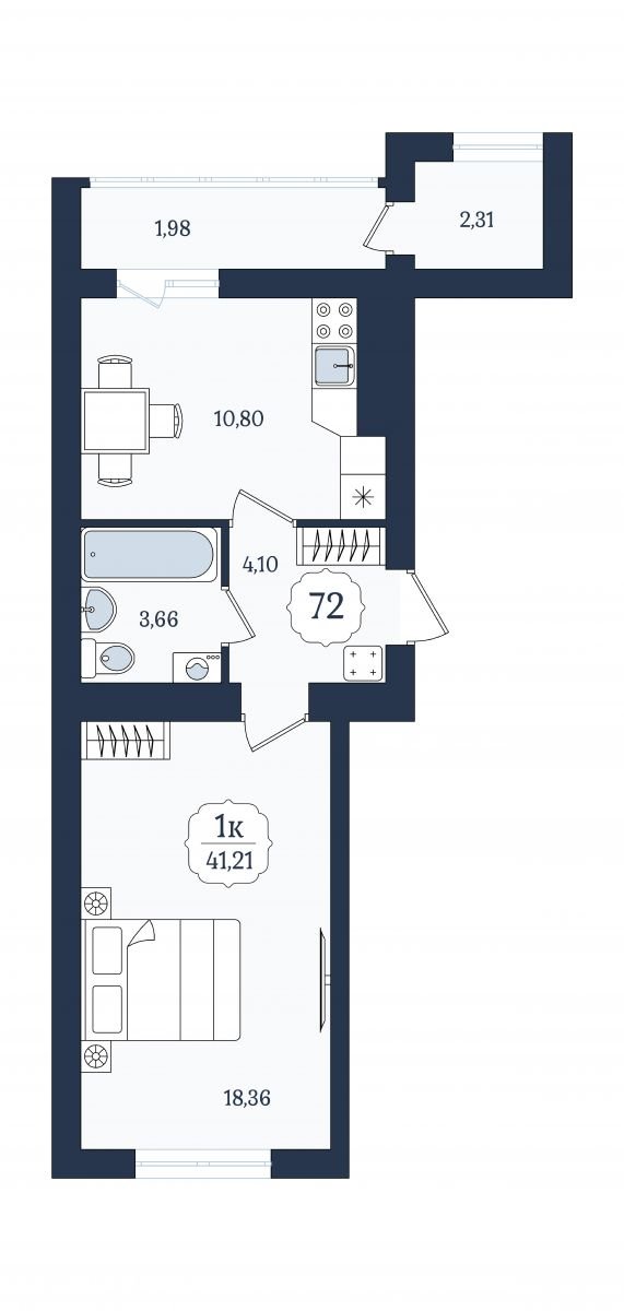 Квартира №72, 1-комнатная, 41.21 м², 9 этаж - планировка, ЖК «Венецианский квартал» Дом 6