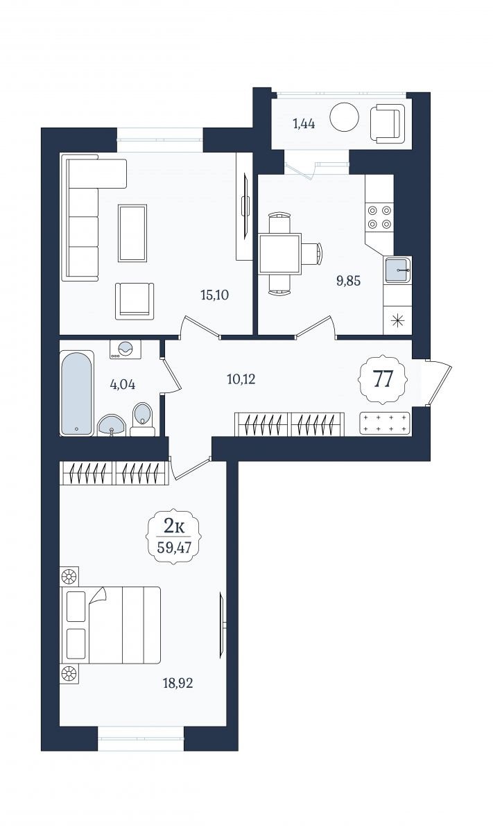 Квартира №77, 2-комнатная, 59.47 м², 1 этаж - планировка, ЖК «Венецианский квартал» Дом 6
