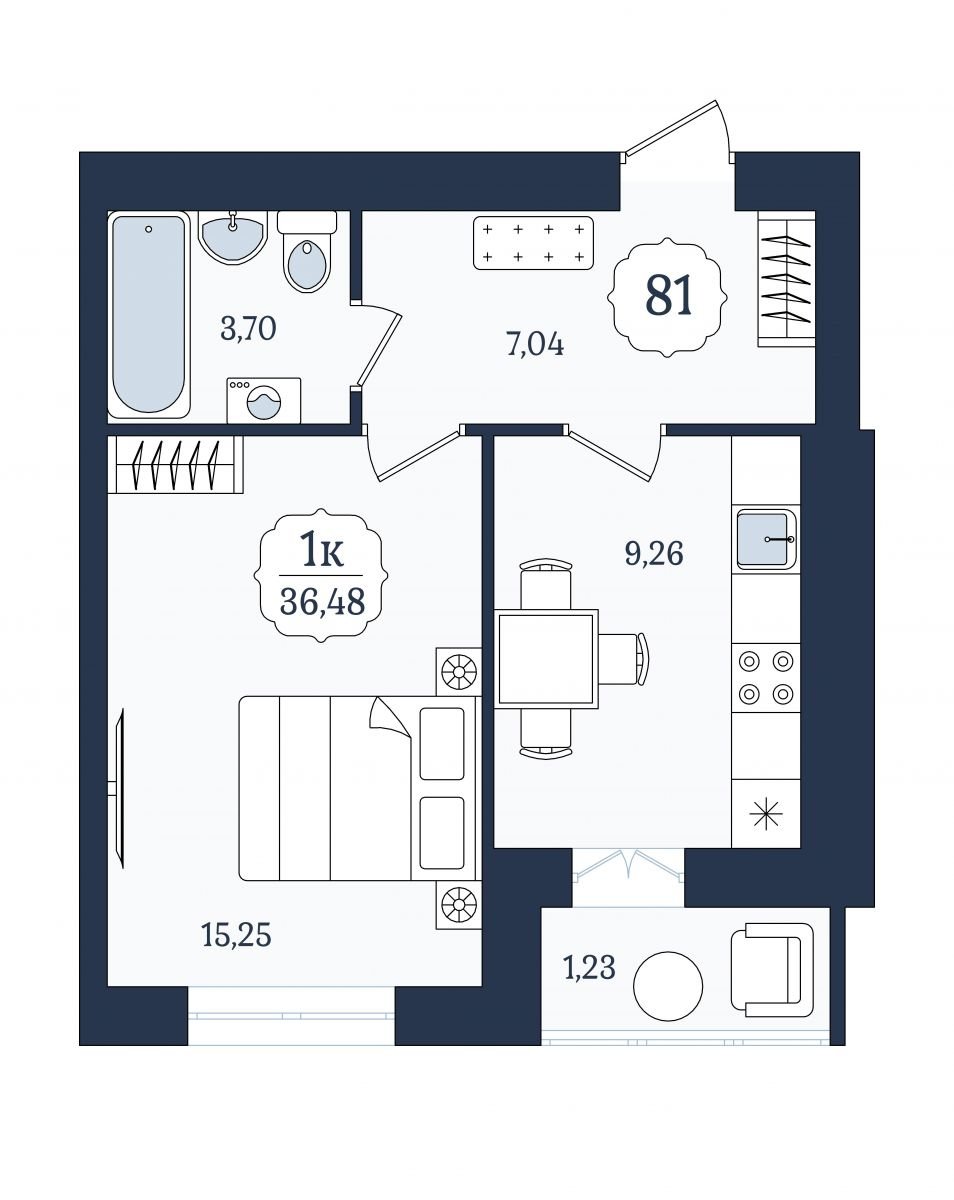 Квартира №81, 1-комнатная, 36.48 м², 2 этаж - планировка, ЖК «Венецианский квартал» Дом 6