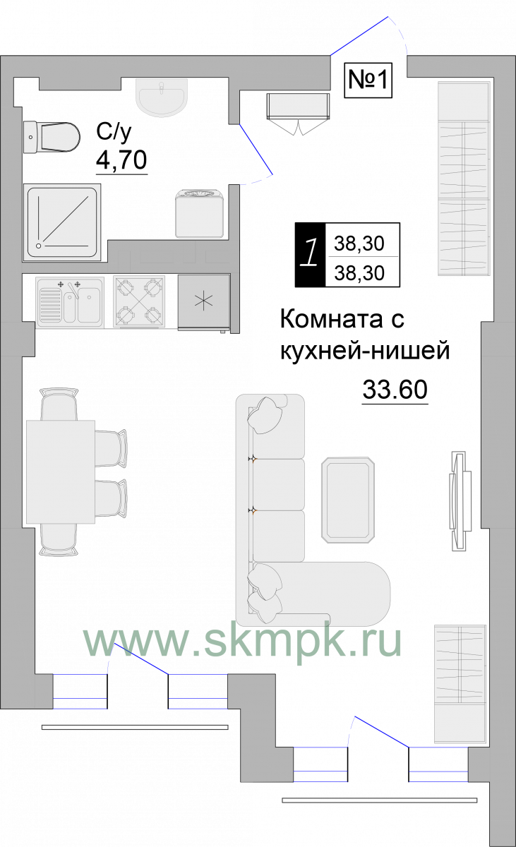 Апартаменты №1, 1-комнатная, 38.3 м², 1 этаж - планировка, Апартаменты на ул. Гагарина 57