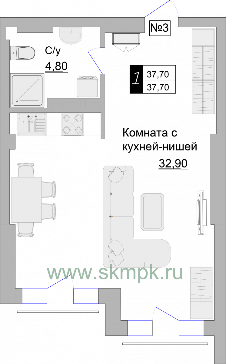 Апартаменты №3, 1-комнатная, 37.7 м², 2 этаж - планировка, Апартаменты на ул. Гагарина 57