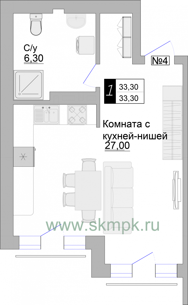 Апартаменты №4, 1-комнатная, 33.3 м², 2 этаж - планировка, Апартаменты на ул. Гагарина 57