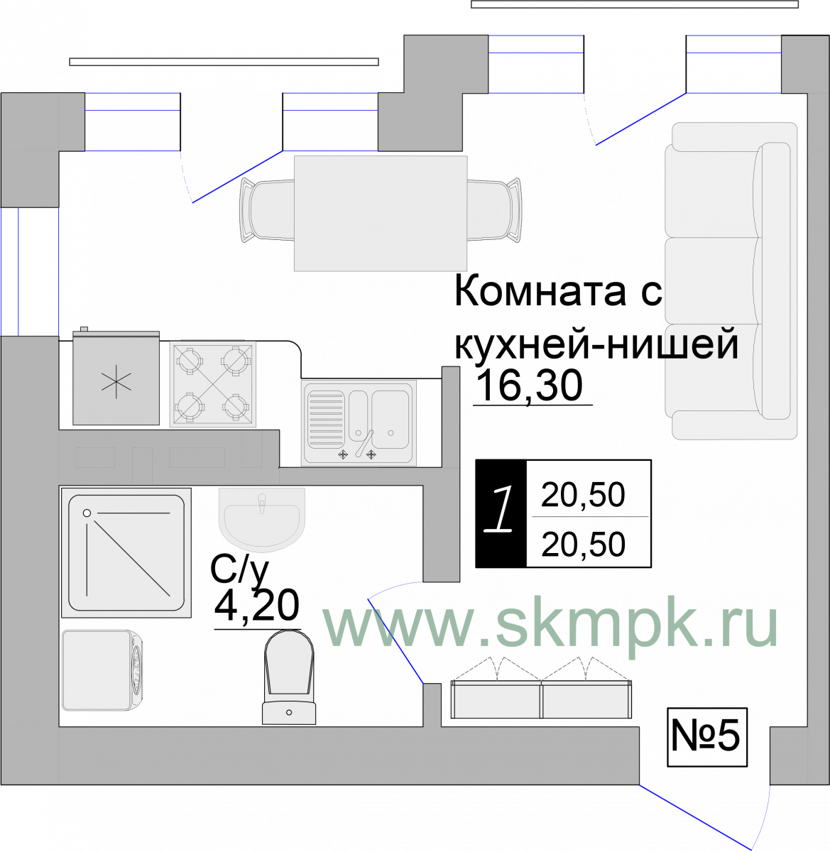 Апартаменты №5, 1-комнатная, 20.5 м², 2 этаж - планировка, Апартаменты на ул. Гагарина 57