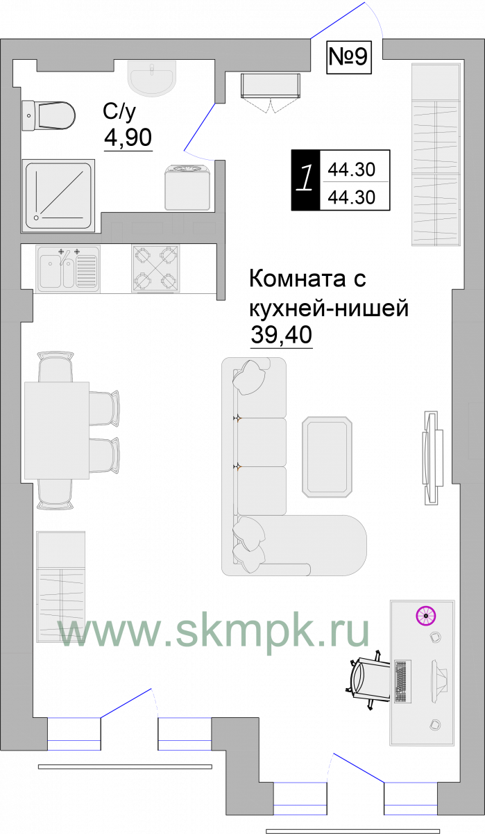 Апартаменты №9, 1-комнатная, 44.3 м², 3 этаж - планировка, Апартаменты на ул. Гагарина 57