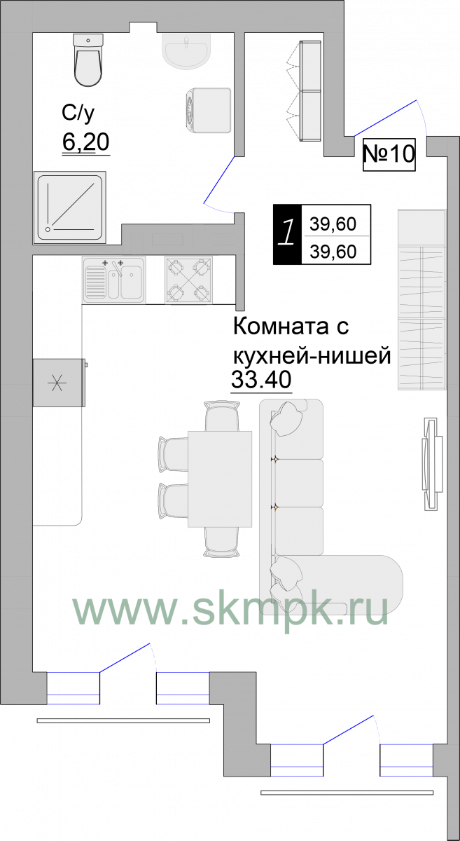 Апартаменты №10, 1-комнатная, 39.6 м², 3 этаж - планировка, Апартаменты на ул. Гагарина 57