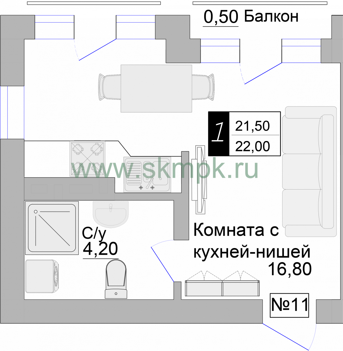 Апартаменты №11, 1-комнатная, 21.5 м², 3 этаж - планировка, Апартаменты на ул. Гагарина 57
