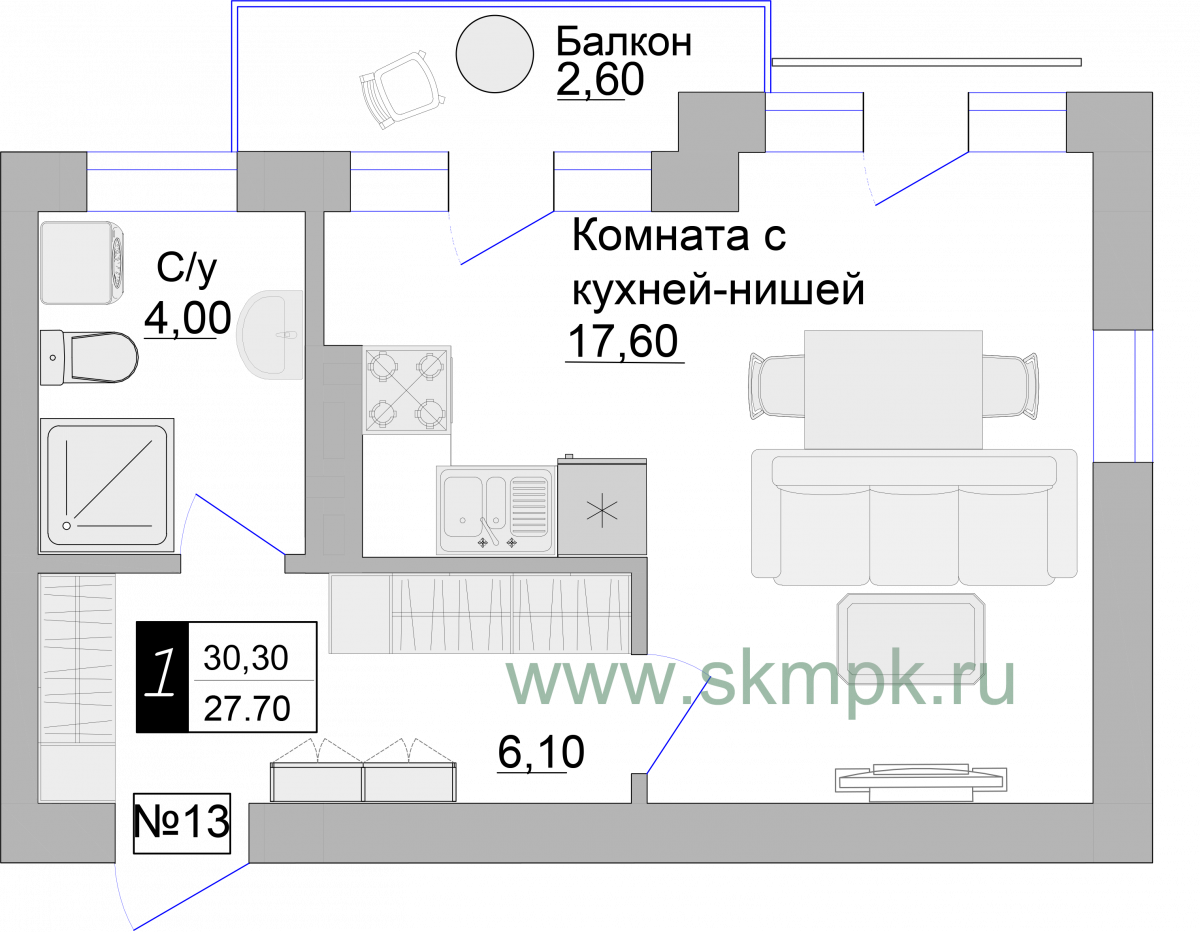 Апартаменты №13, 1-комнатная, 30.3 м², 3 этаж - планировка, Апартаменты на ул. Гагарина 57