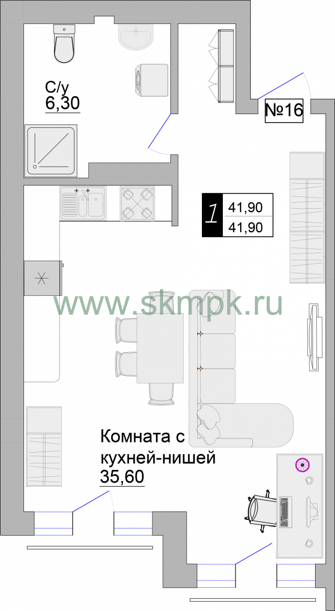 Апартаменты №16, 1-комнатная, 41.9 м², 4 этаж - планировка, Апартаменты на ул. Гагарина 57