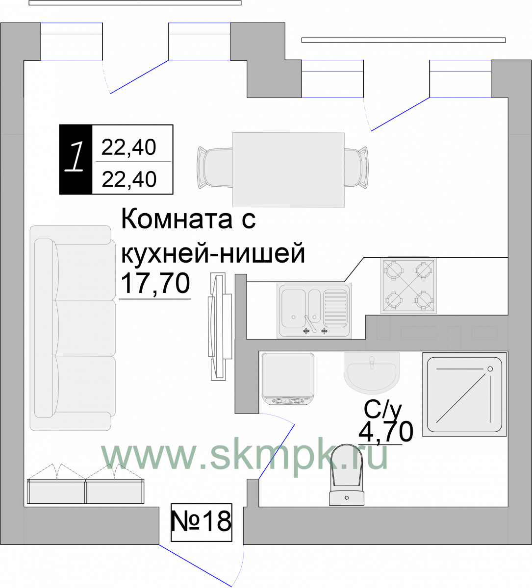 Апартаменты №18, 1-комнатная, 22.4 м², 4 этаж - планировка, Апартаменты на ул. Гагарина 57