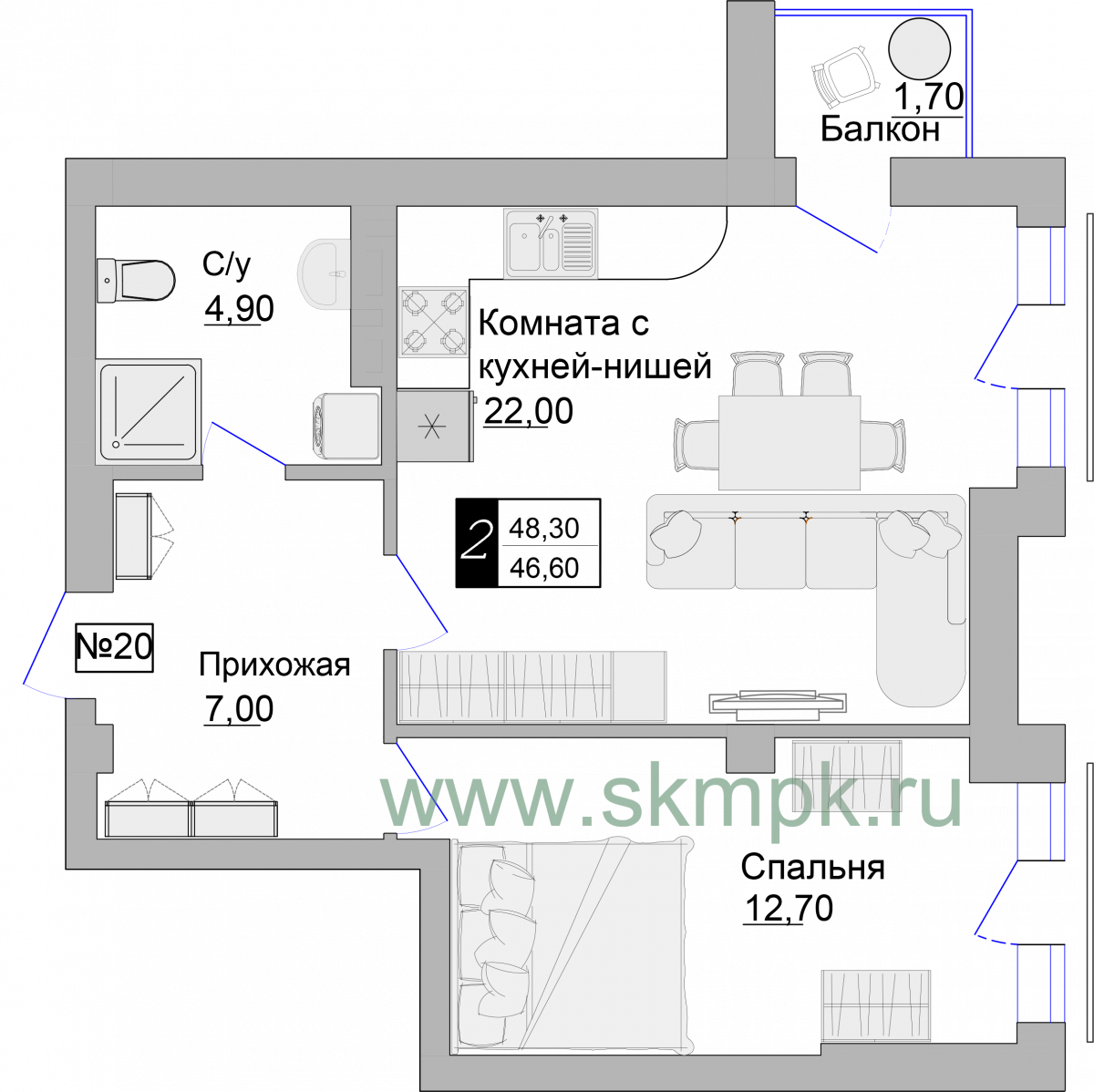 Апартаменты №20, 1-комнатная, 48.3 м², 4 этаж - планировка, Апартаменты на ул. Гагарина 57