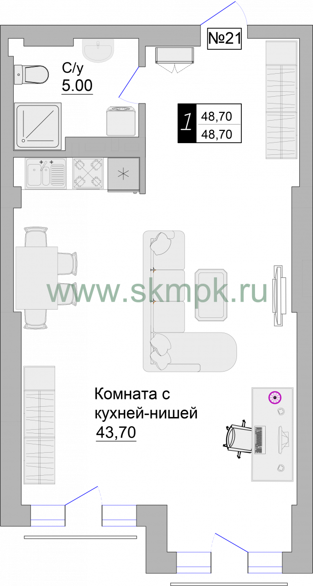 Апартаменты №21, 1-комнатная, 48.7 м², 5 этаж - планировка, Апартаменты на ул. Гагарина 57
