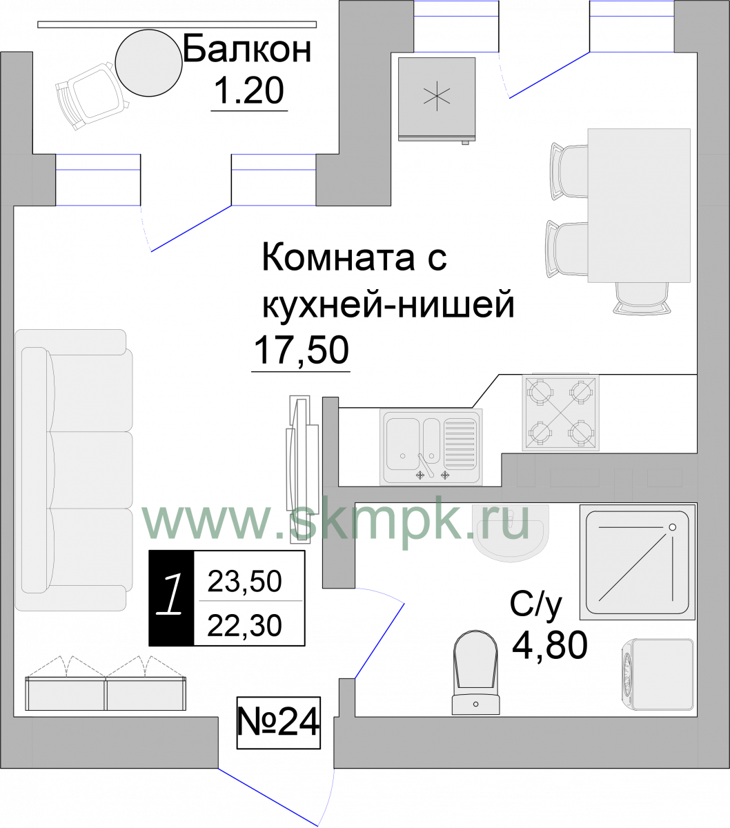 Апартаменты №24, 1-комнатная, 23.5 м², 5 этаж - планировка, Апартаменты на ул. Гагарина 57