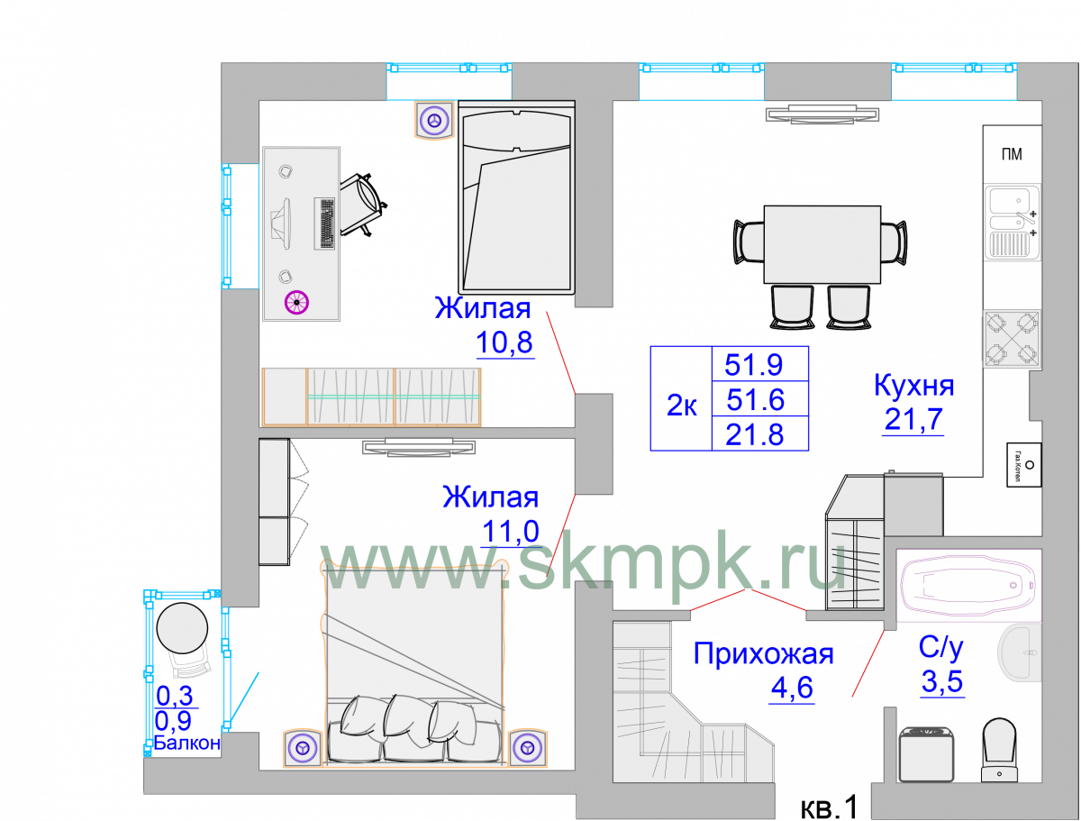 Квартира №5, 2-комнатная, 52.2 м², 1 этаж - планировка, ЖК «Домик у озера»