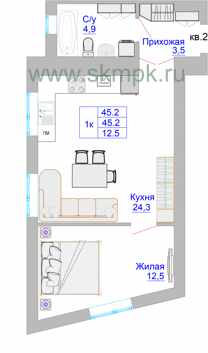 Квартира №4, 1-комнатная, 45.2 м², 1 этаж - планировка, ЖК «Домик у озера»
