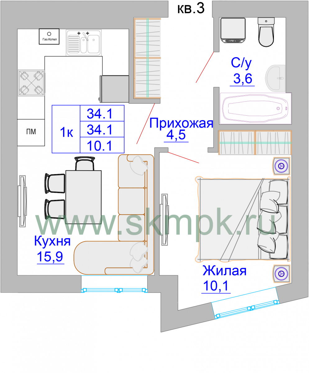 Квартира №3, 1-комнатная, 34.4 м², 1 этаж - планировка, ЖК «Домик у озера»