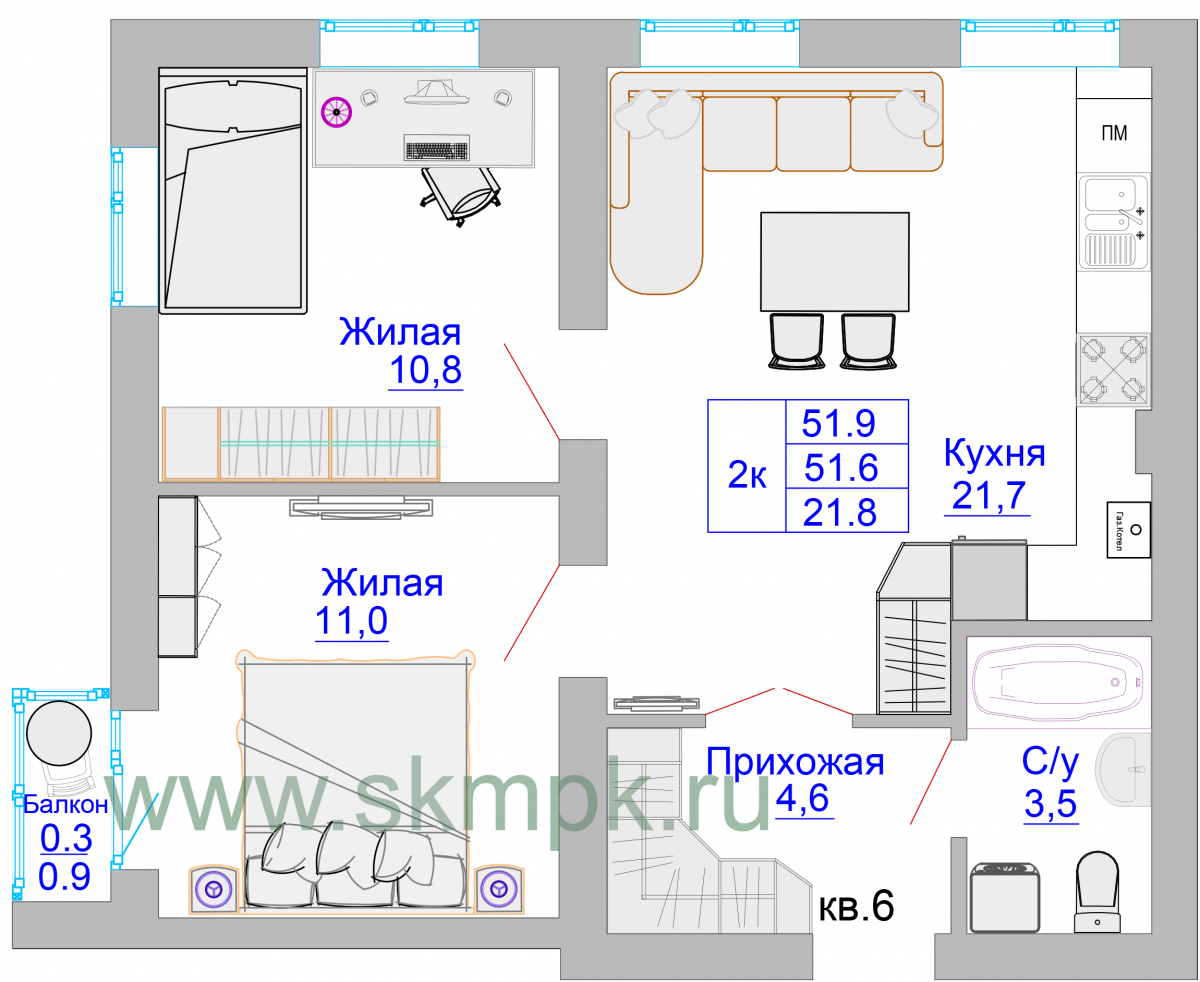 Квартира №10, 2-комнатная, 52.3 м², 2 этаж - планировка, ЖК «Домик у озера»