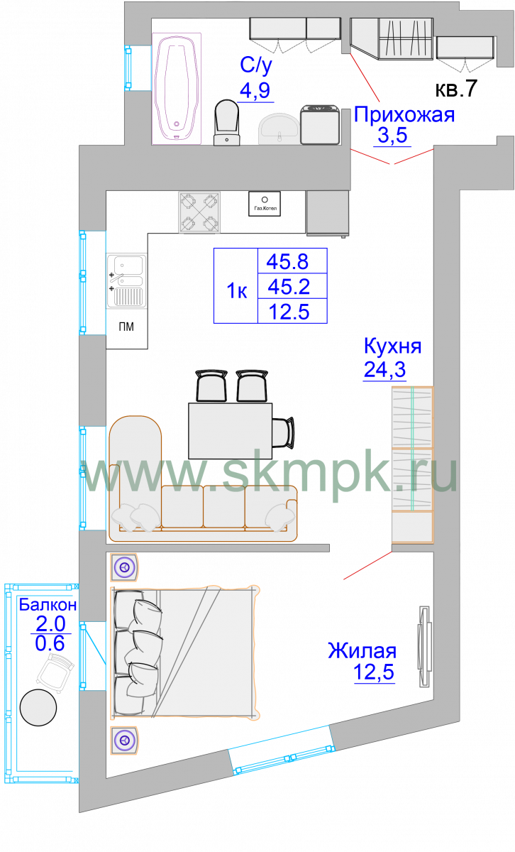 Квартира №9, 1-комнатная, 45.9 м², 2 этаж - планировка, ЖК «Домик у озера»
