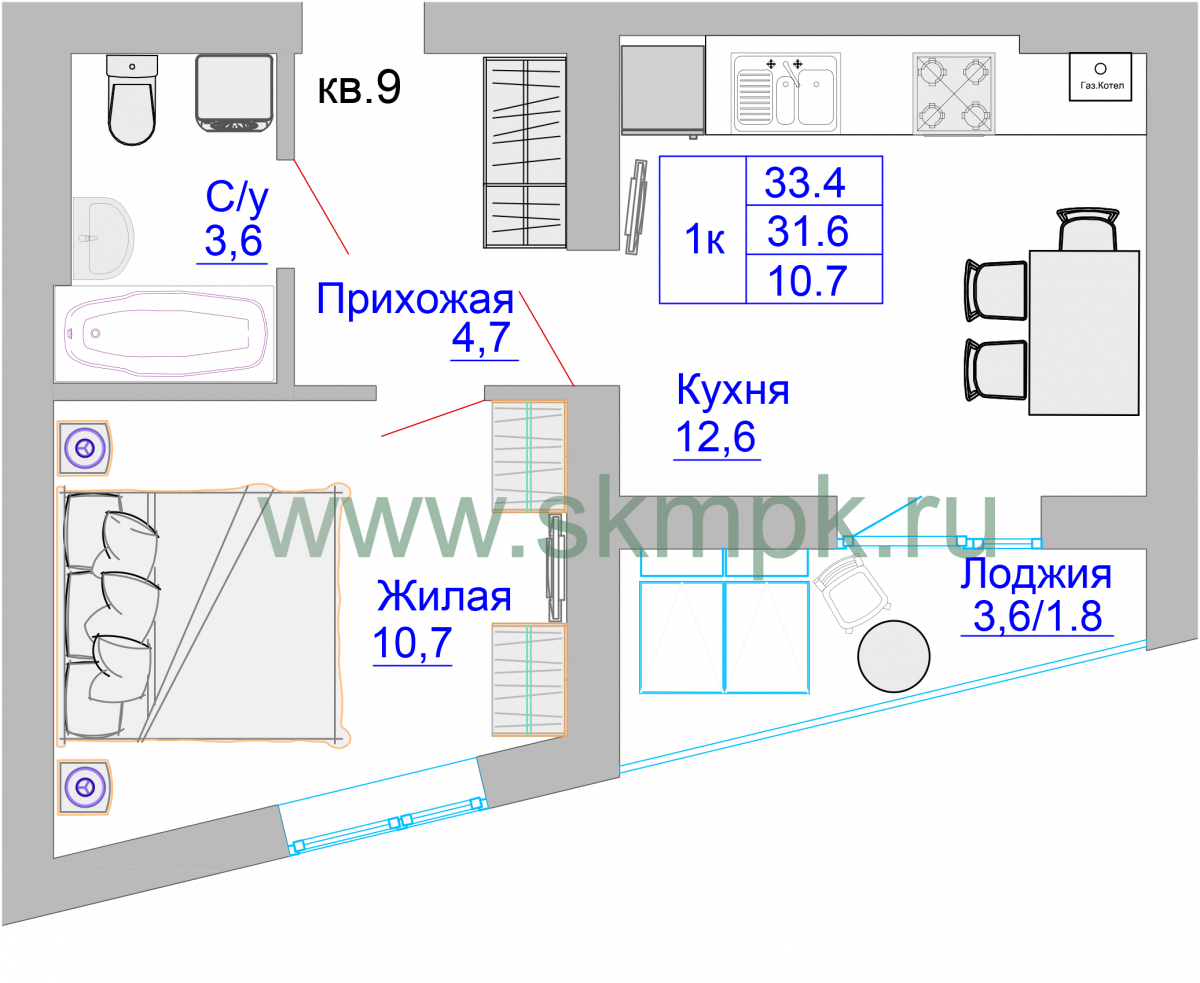 Квартира №7, 1-комнатная, 33.9 м², 2 этаж - планировка, ЖК «Домик у озера»