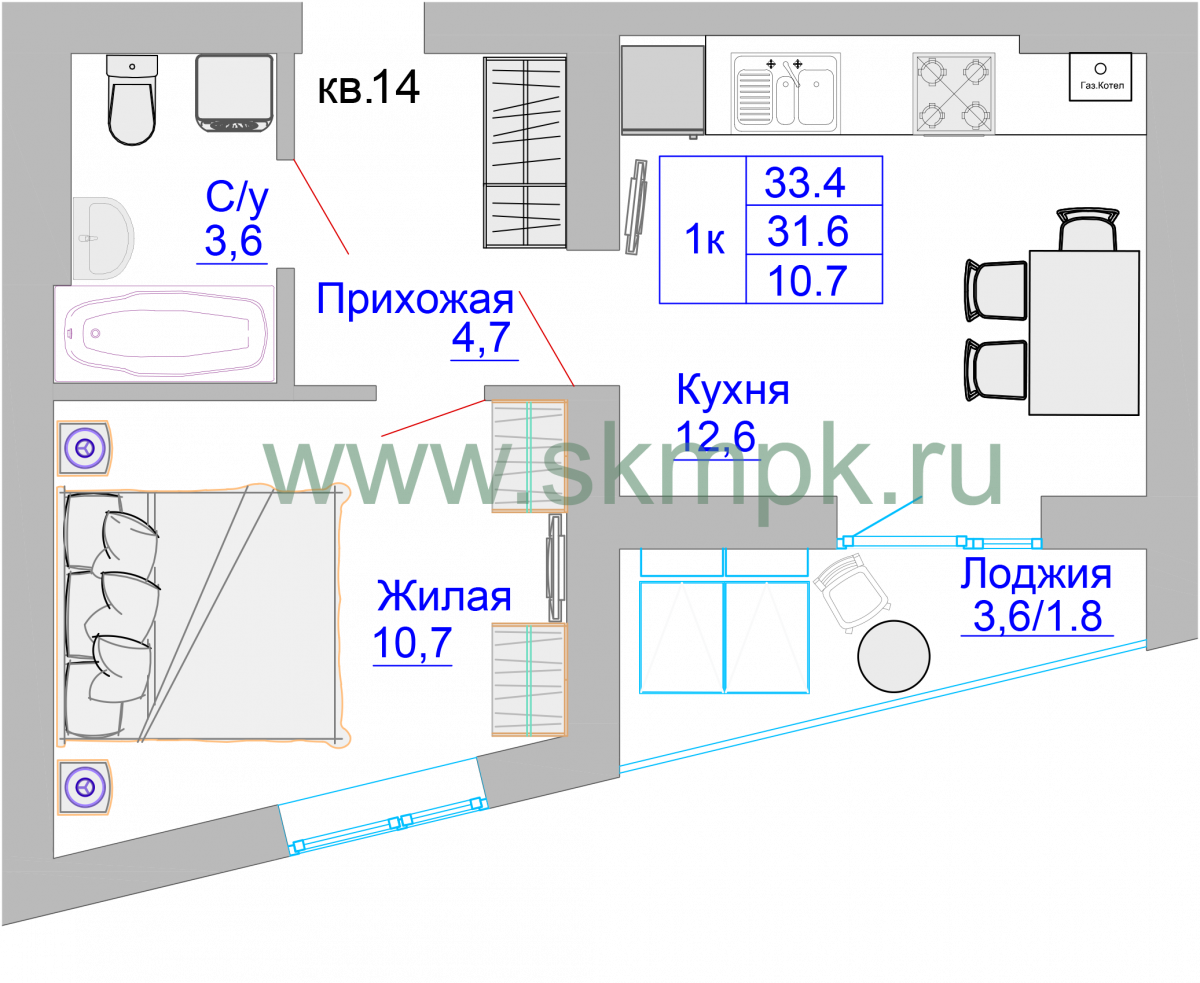 Квартира №12, 1-комнатная, 33.7 м², 3 этаж - планировка, ЖК «Домик у озера»