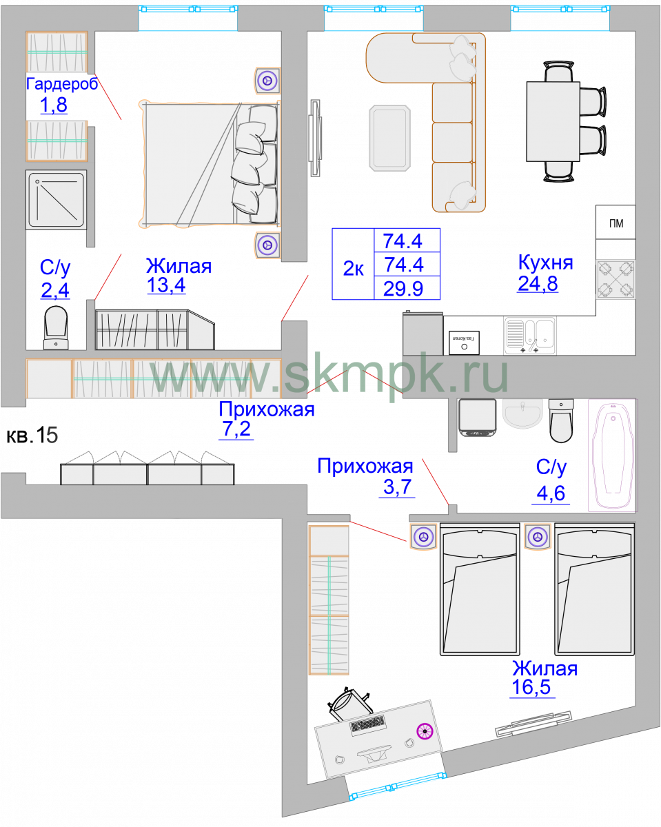 Квартира №11, 2-комнатная, 74.9 м², 3 этаж - планировка, ЖК «Домик у озера»