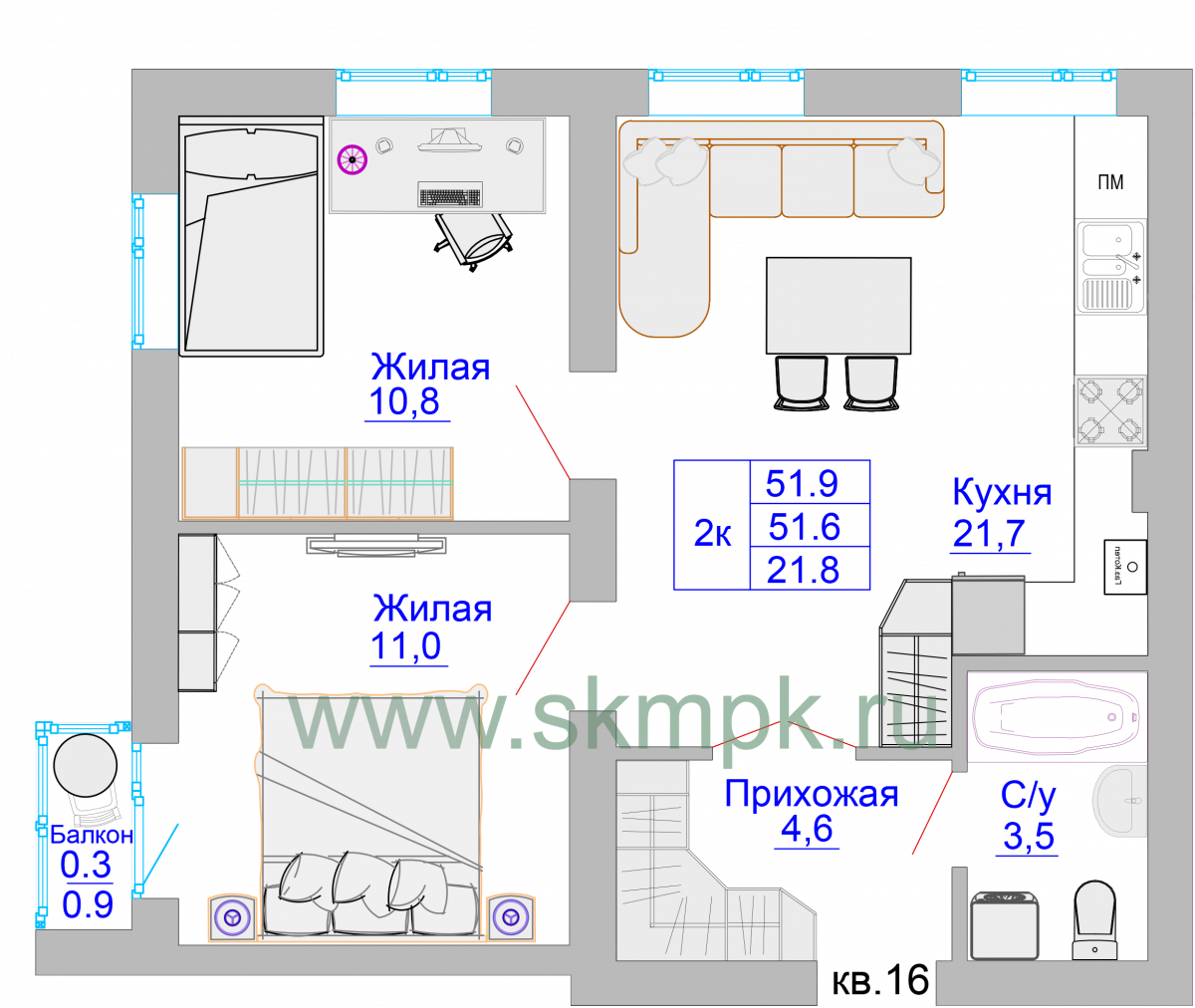 Квартира №20, 2-комнатная, 52.5 м², 4 этаж - планировка, ЖК «Домик у озера»