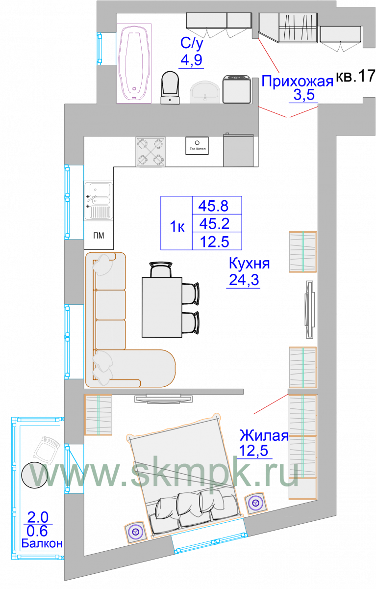 Квартира №19, 1-комнатная, 46.3 м², 4 этаж - планировка, ЖК «Домик у озера»