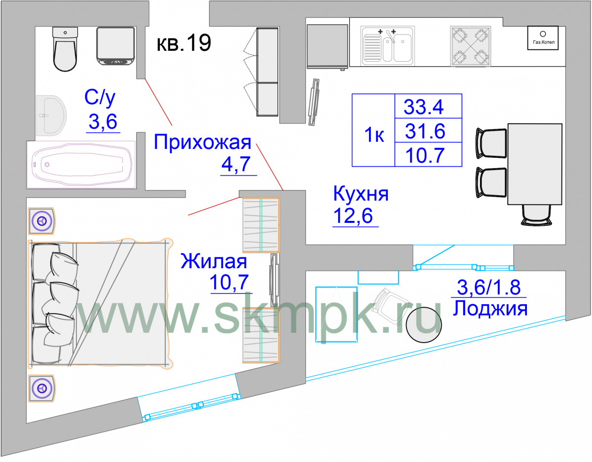 Квартира №17, 1-комнатная, 34 м², 4 этаж - планировка, ЖК «Домик у озера»