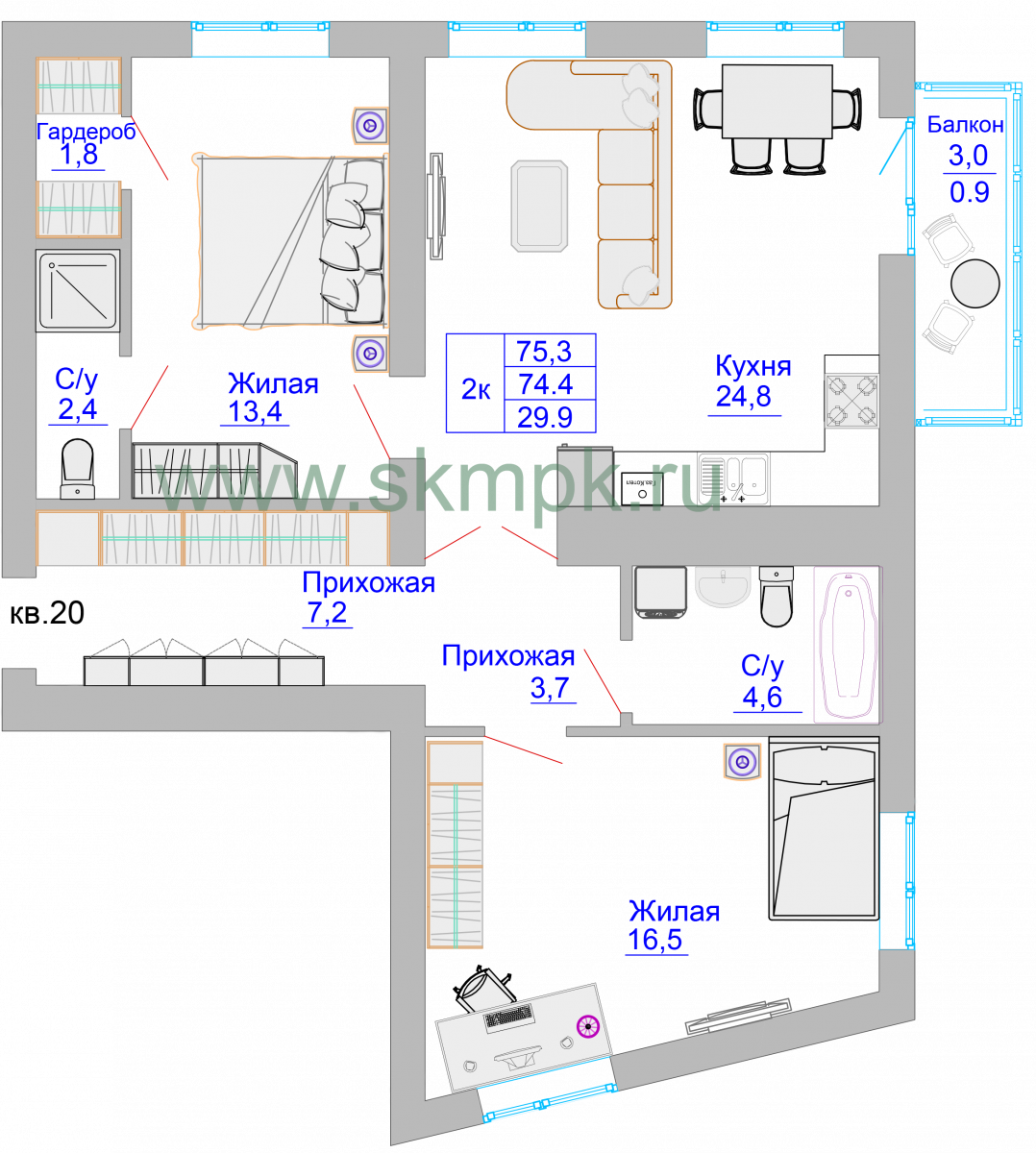 Квартира №16, 2-комнатная, 76.2 м², 4 этаж - планировка, ЖК «Домик у озера»