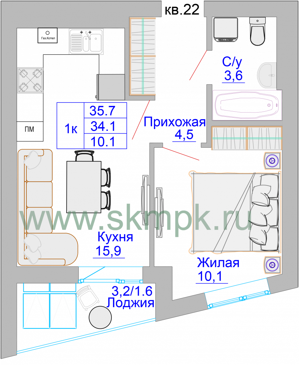 Квартира №23, 1-комнатная, 36.3 м², 5 этаж - планировка, ЖК «Домик у озера»