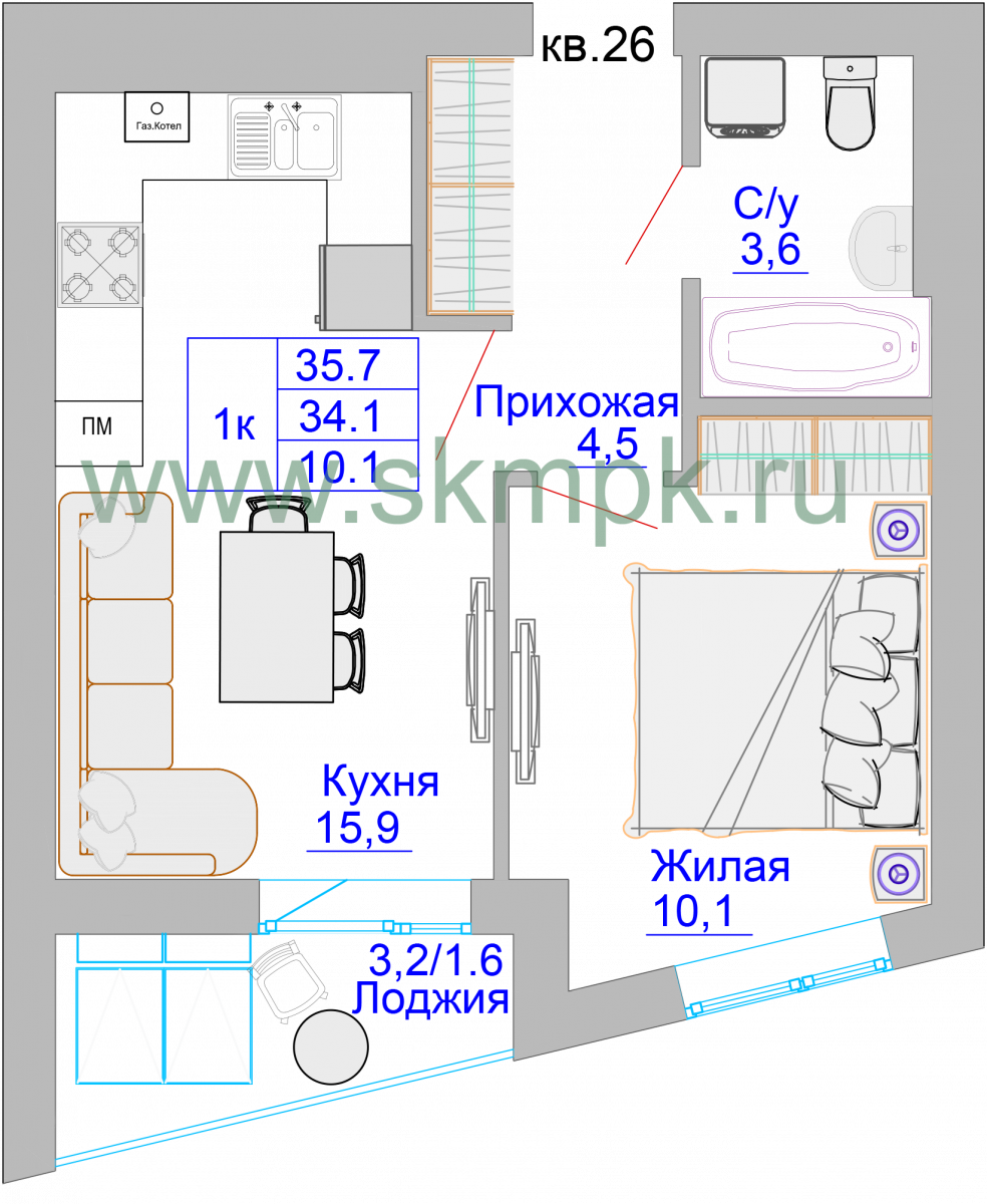 Квартира №27, 1-комнатная, 36.2 м², 6 этаж - планировка, ЖК «Домик у озера»
