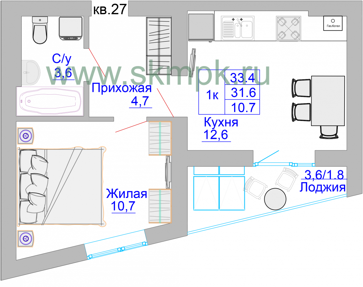 Квартира №26, 1-комнатная, 34.1 м², 6 этаж - планировка, ЖК «Домик у озера»