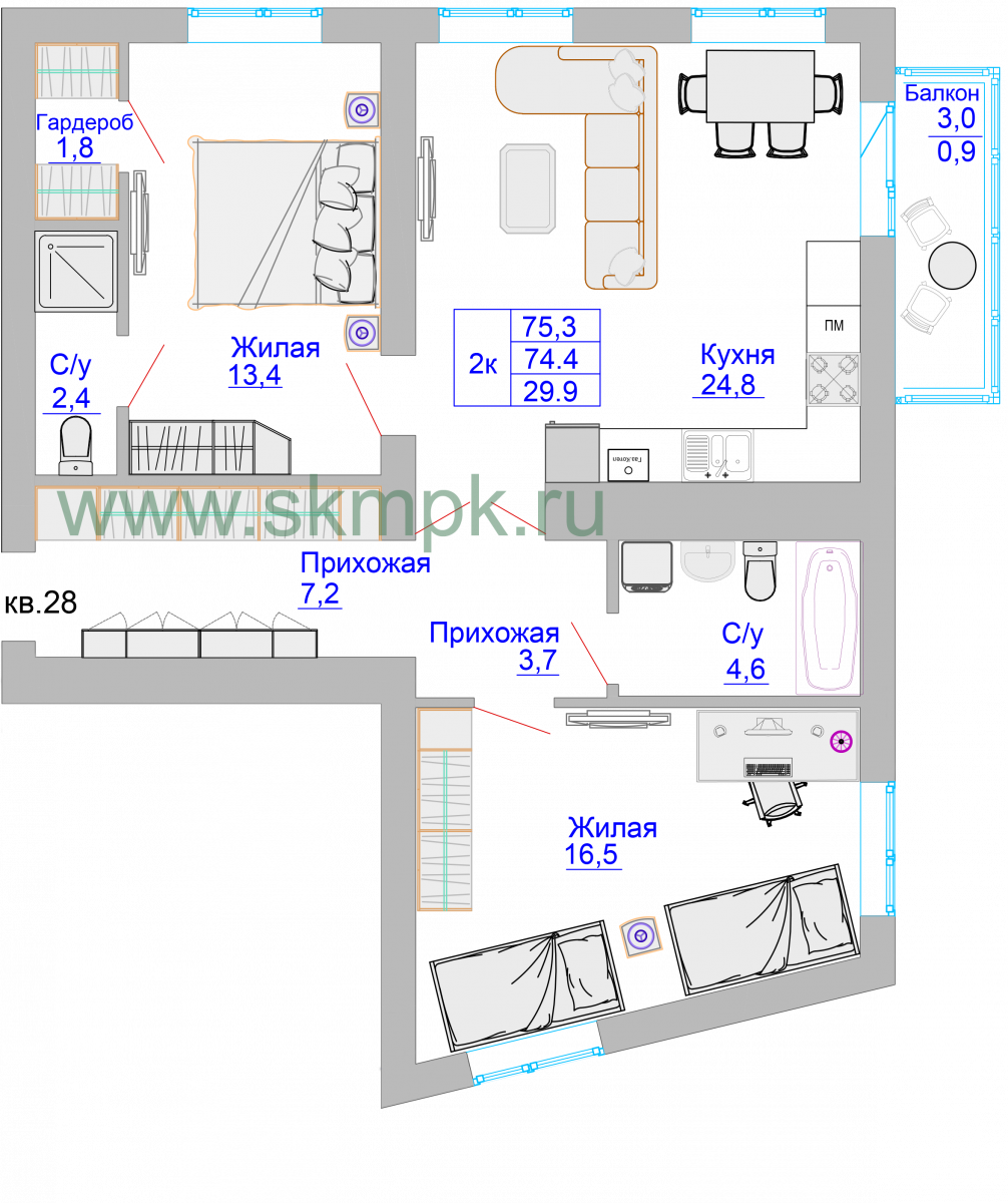 Квартира №25, 2-комнатная, 75.4 м², 6 этаж - планировка, ЖК «Домик у озера»