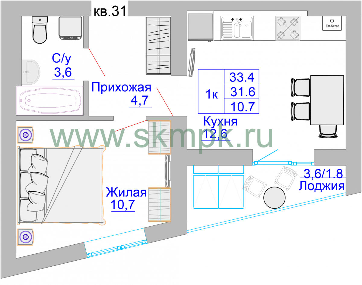 Квартира №30, 1-комнатная, 34 м², 7 этаж - планировка, ЖК «Домик у озера»