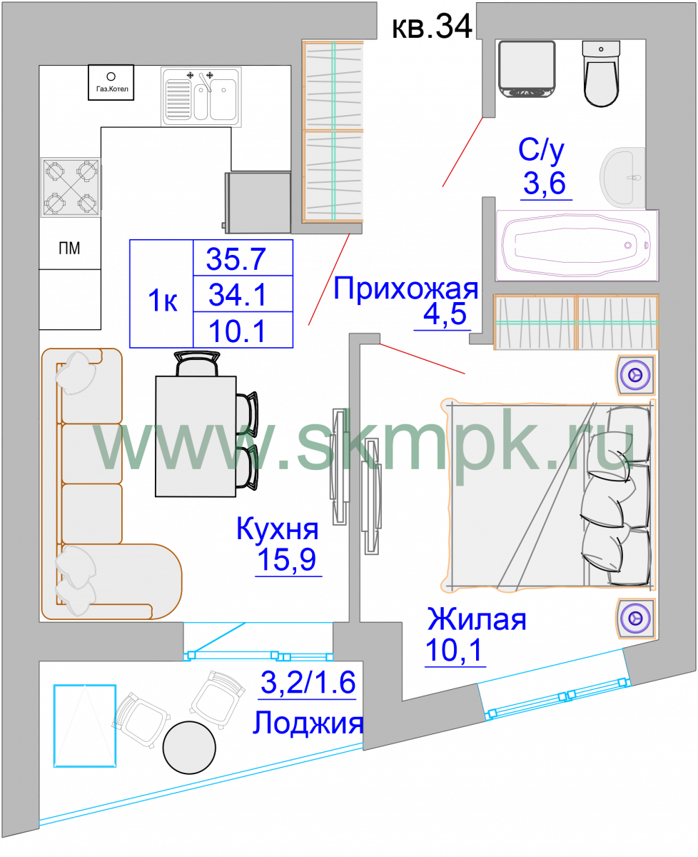 Квартира №35, 1-комнатная, 36.3 м², 8 этаж - планировка, ЖК «Домик у озера»