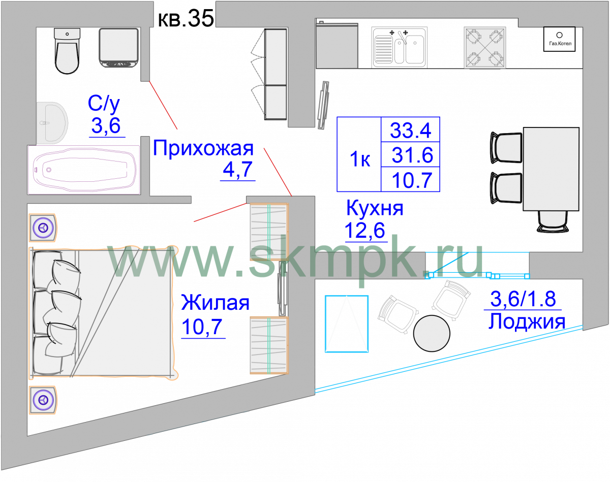 Квартира №34, 1-комнатная, 34 м², 8 этаж - планировка, ЖК «Домик у озера»