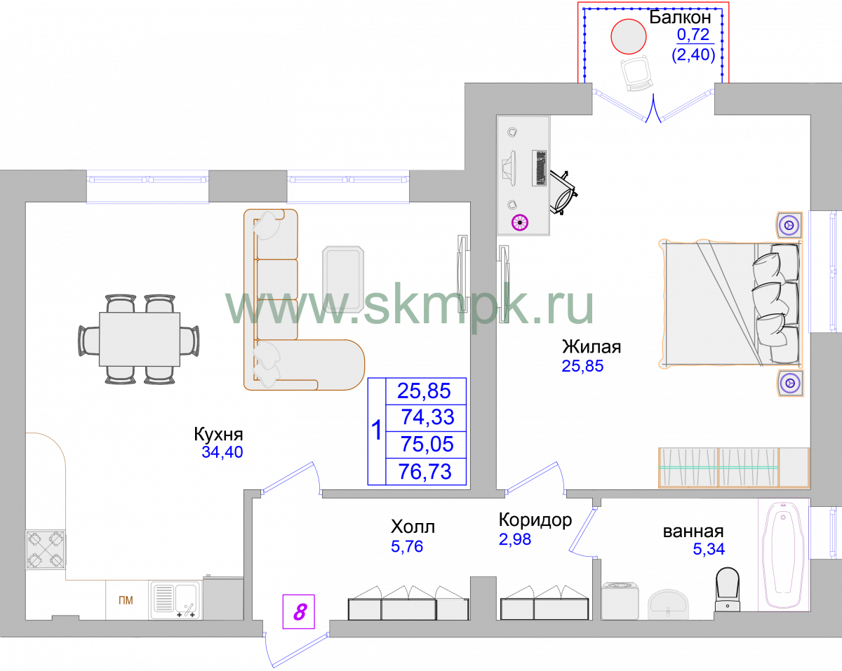 Апартаменты №8, 1-комнатная, 77.2 м², 2 этаж - планировка, Недвижимость у моря «Лазурь»