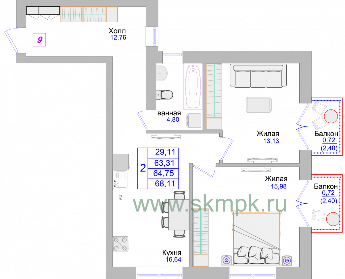 Апартаменты №9, 2-комнатная, 68.5 м², 2 этаж - планировка, Недвижимость у моря «Лазурь»