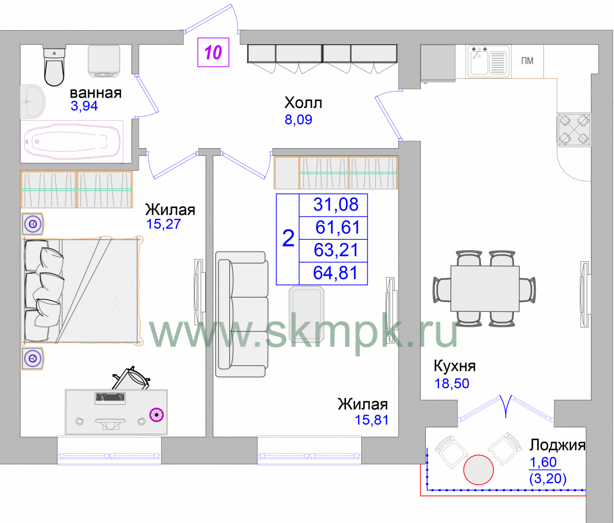 Апартаменты №10, 2-комнатная, 65.1 м², 2 этаж - планировка, Недвижимость у моря «Лазурь»