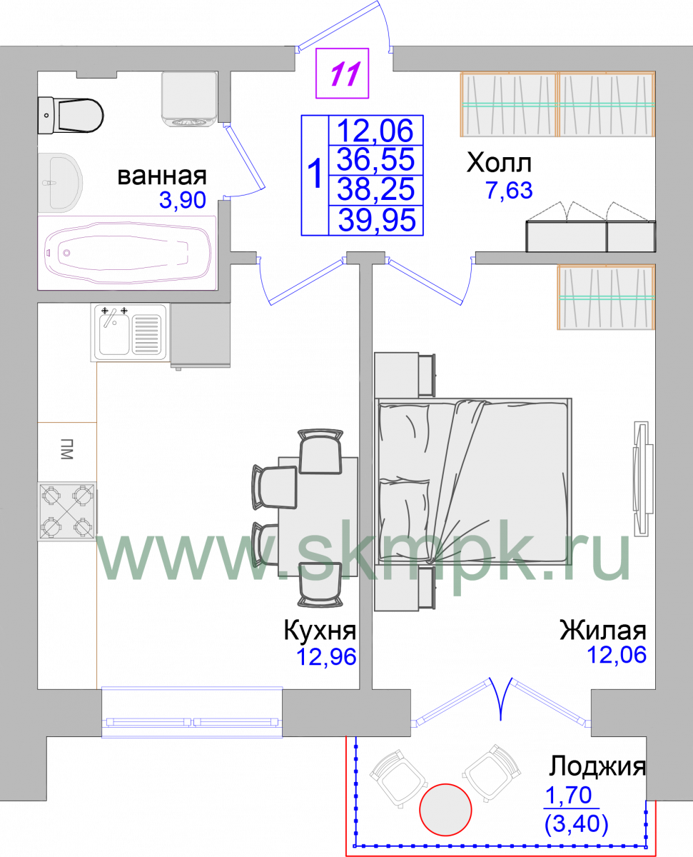 Апартаменты №11, 1-комнатная, 40.5 м², 2 этаж - планировка, Недвижимость у моря «Лазурь»