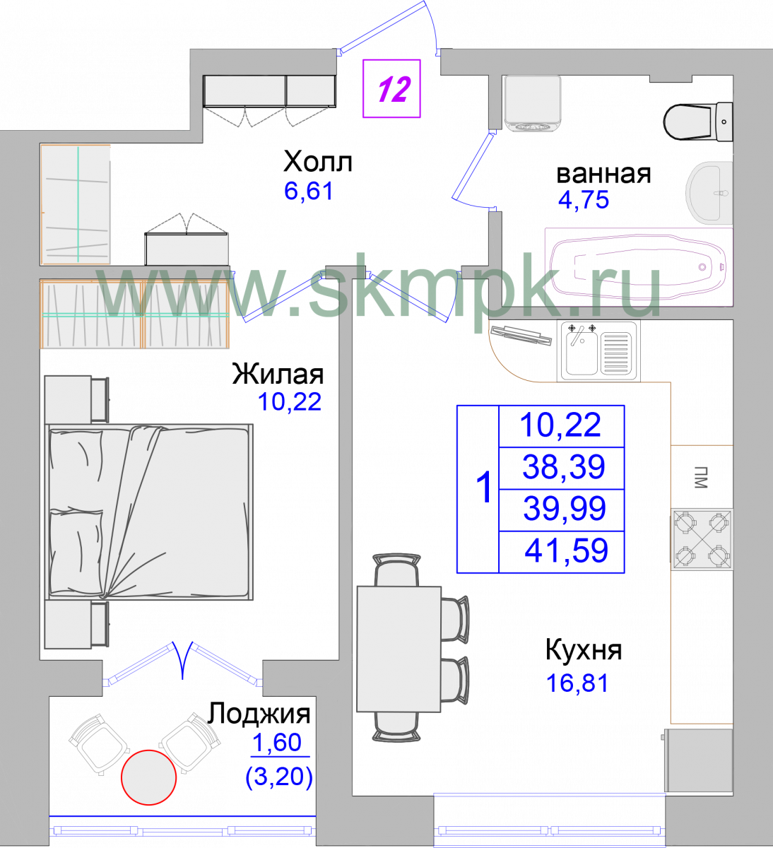 Апартаменты №12, 1-комнатная, 41.9 м², 2 этаж - планировка, Недвижимость у моря «Лазурь»