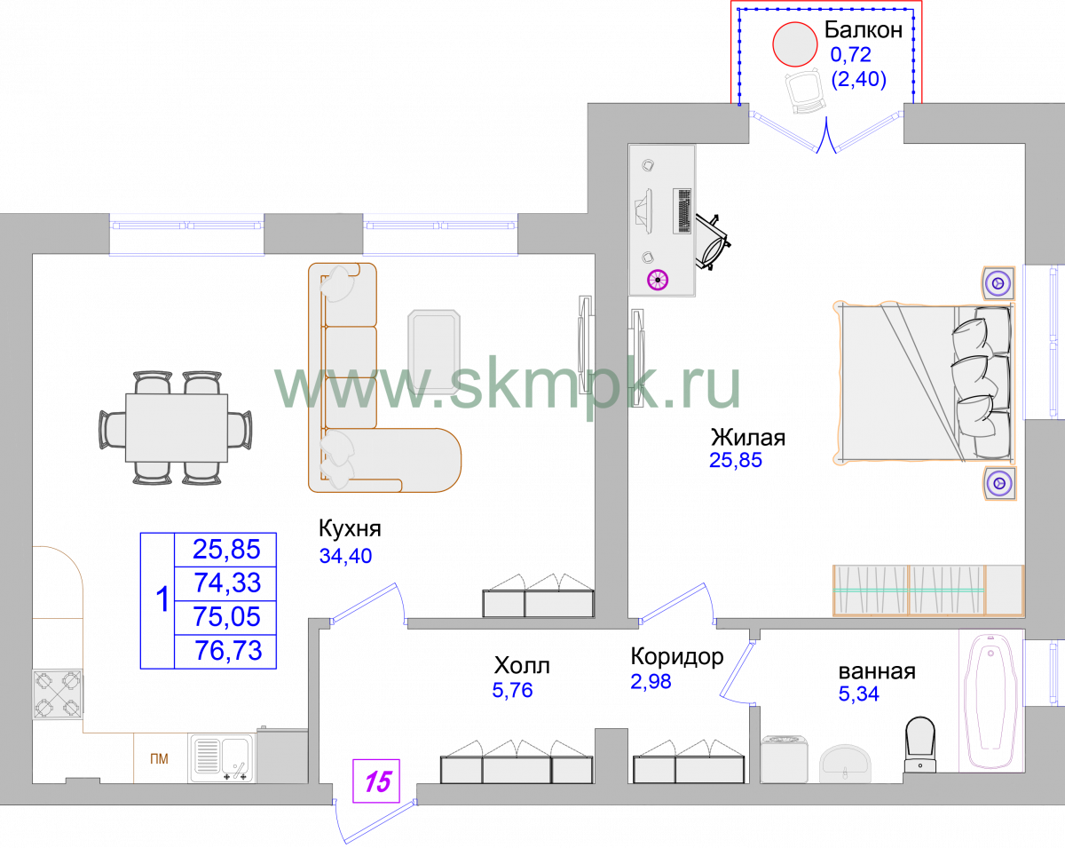 Апартаменты №15, 1-комнатная, 77.1 м², 3 этаж - планировка, Недвижимость у моря «Лазурь»