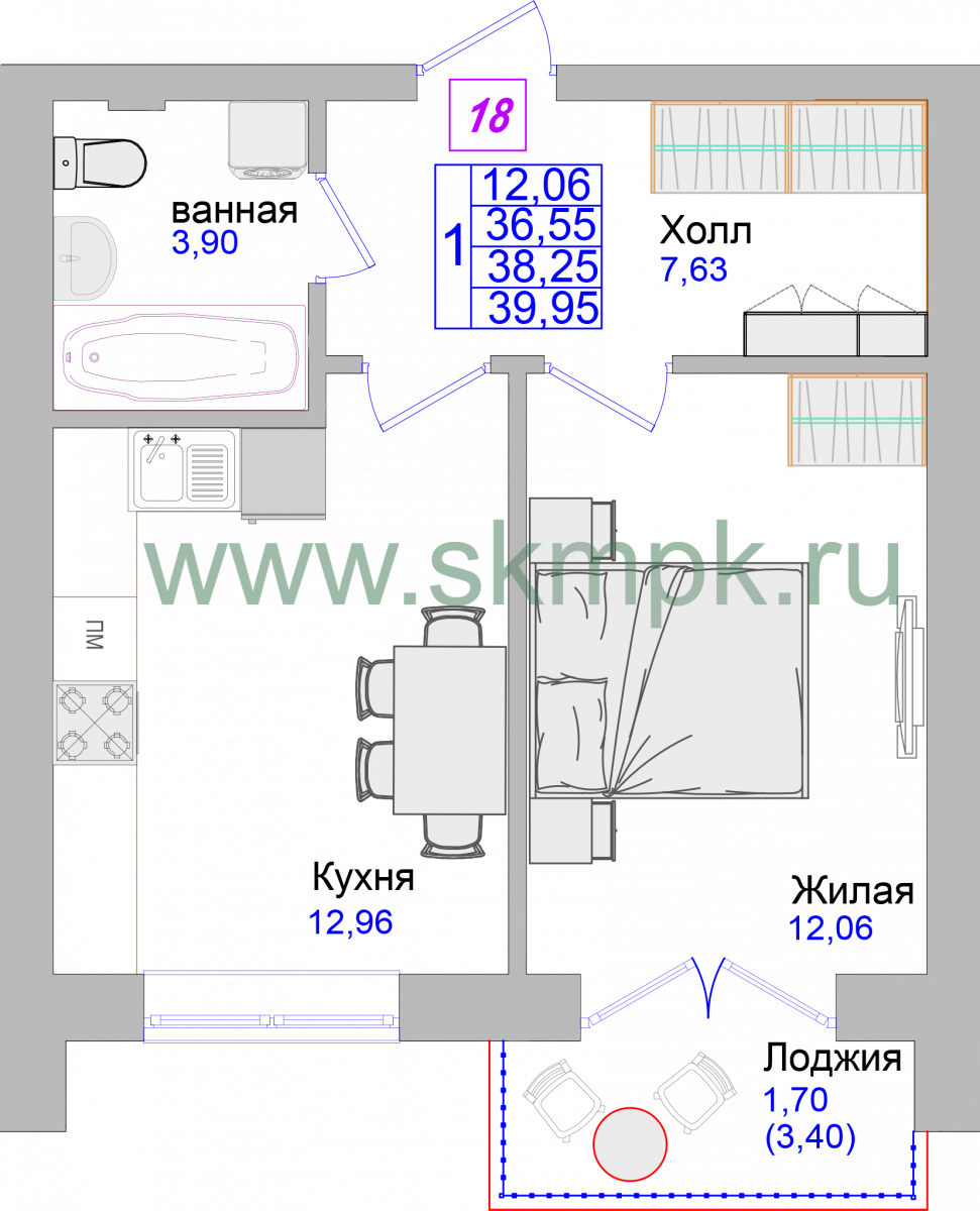 Апартаменты №18, 1-комнатная, 40.3 м², 3 этаж - планировка, Недвижимость у моря «Лазурь»