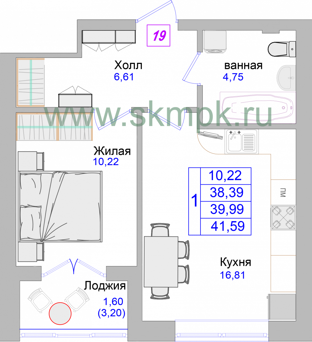 Апартаменты №19, 1-комнатная, 41.8 м², 3 этаж - планировка, Недвижимость у моря «Лазурь»