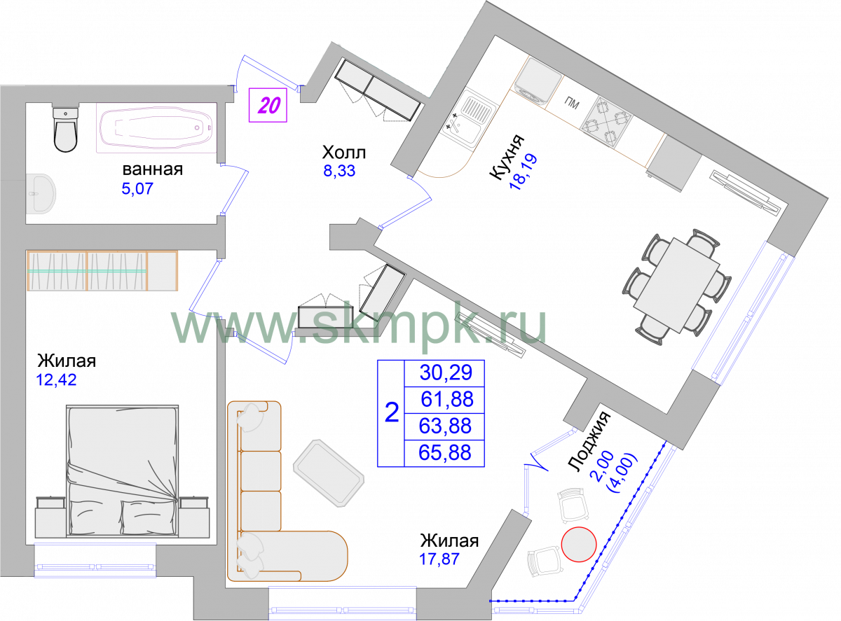 Апартаменты №20, 2-комнатная, 65.8 м², 3 этаж - планировка, Недвижимость у моря «Лазурь»