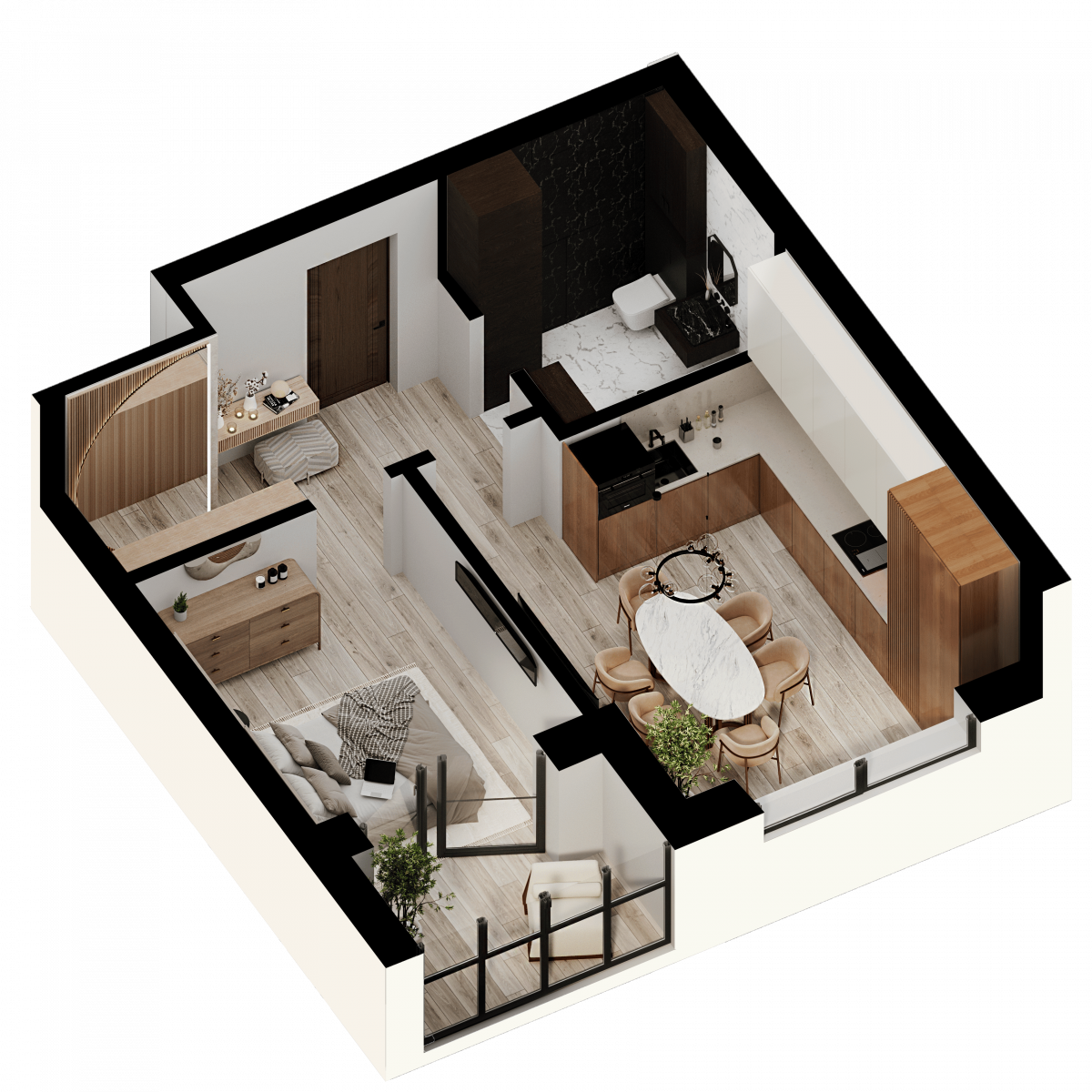 Апартаменты №26, 1-комнатная, 41.9 м², 4 этаж - планировка, Недвижимость у моря «Лазурь»