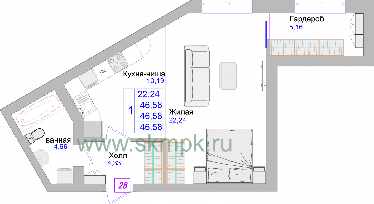 Апартаменты №28, 1-комнатная, 46.8 м², 4 этаж - планировка, Недвижимость у моря «Лазурь»