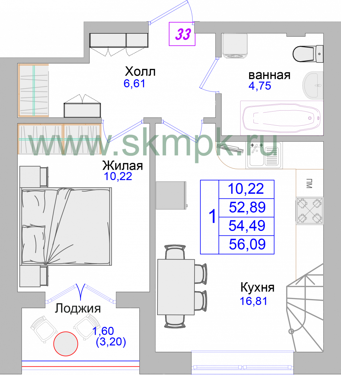 Апартаменты №33, 1-комнатная, 56.9 м², 5 этаж - планировка, Недвижимость у моря «Лазурь»